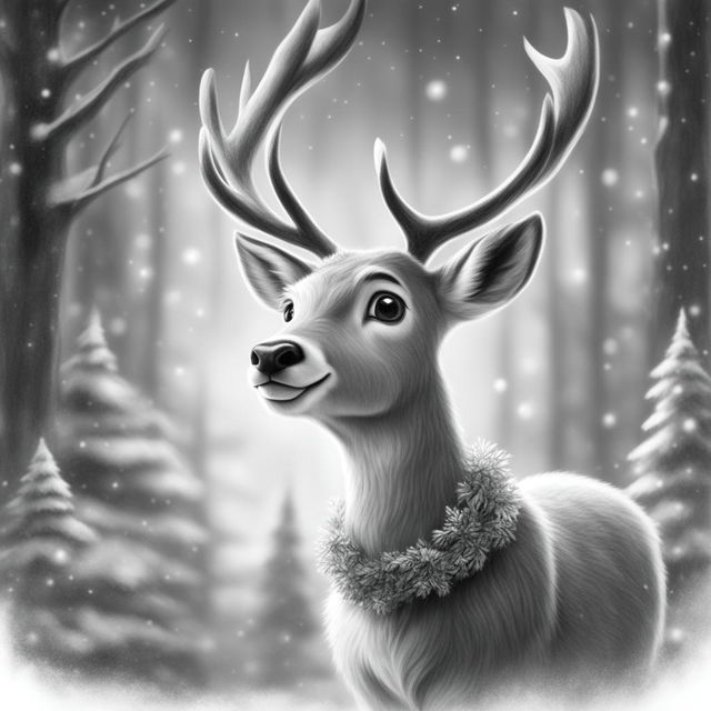 A charming black and white graphite pencil drawing in the style of Disney cartoons, featuring an adorable Christmas reindeer