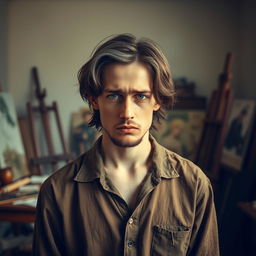 A portrait of a sad-looking white male painter with medium-length brown hair that features a prominent gray strand