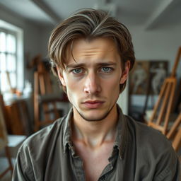 A portrait of a sad-looking white male painter with medium-length brown hair that features a prominent gray strand