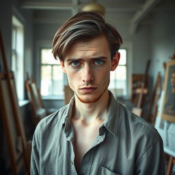 A portrait of a sad-looking white male painter with medium-length brown hair that features a prominent gray strand