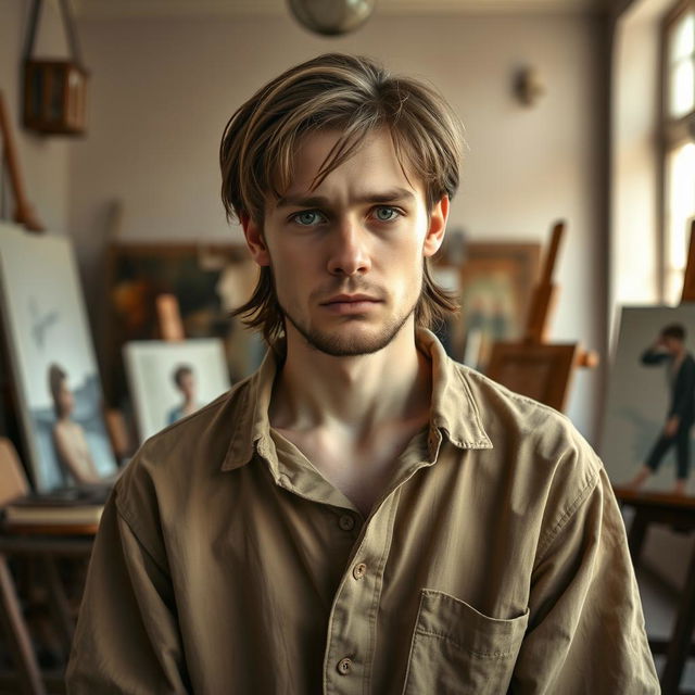 A portrait of a sad-looking white male painter with medium-length brown hair that features a prominent gray strand