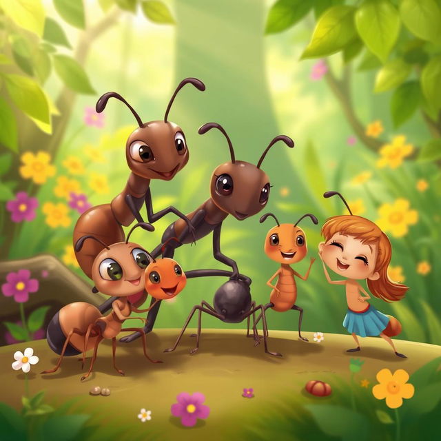 A whimsical illustration of an ant family in their natural habitat