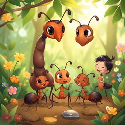A whimsical illustration of an ant family in their natural habitat