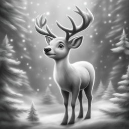 A charming black and white graphite pencil drawing in the style of Disney cartoons, featuring an adorable Christmas reindeer