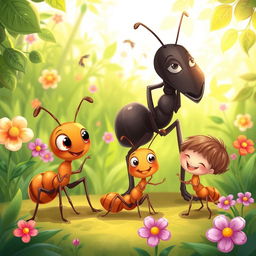 A whimsical illustration of an ant family in their natural habitat