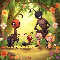 A whimsical illustration of an ant family in their natural habitat