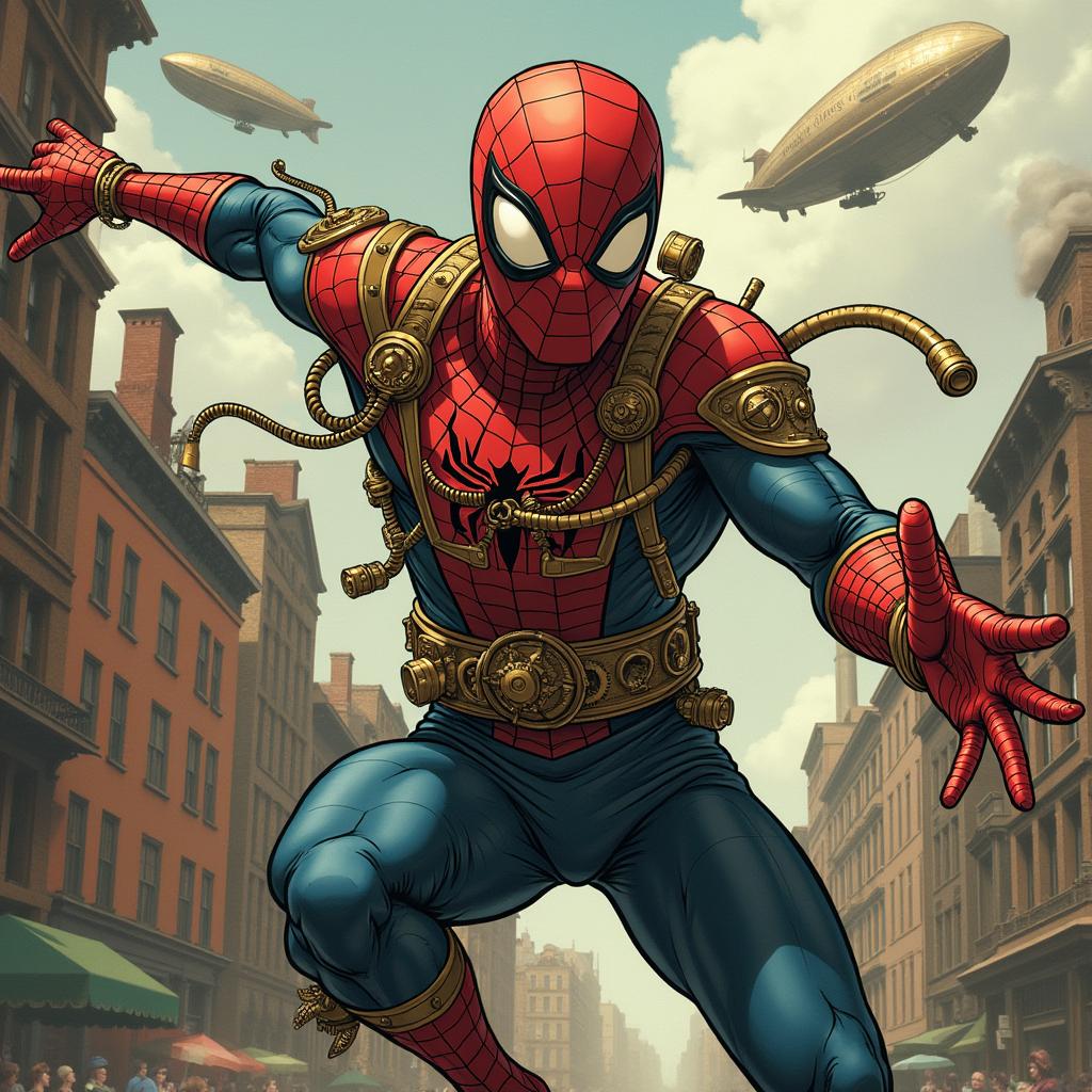 A Steampunk version of Spiderman, depicted in a dynamic action pose, showcasing intricate mechanical gadgets integrated into his suit, featuring brass and copper elements, gears, and steam-powered technology