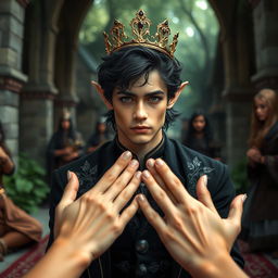 A handsome young elf man in the midst of a coronation, kneeling in a lush forest castle with beautiful walls