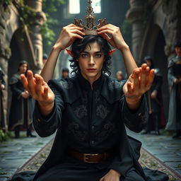 A handsome young elf man in the midst of a coronation, kneeling in a lush forest castle with beautiful walls