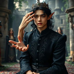 A handsome young elf man in the midst of a coronation, kneeling in a lush forest castle with beautiful walls