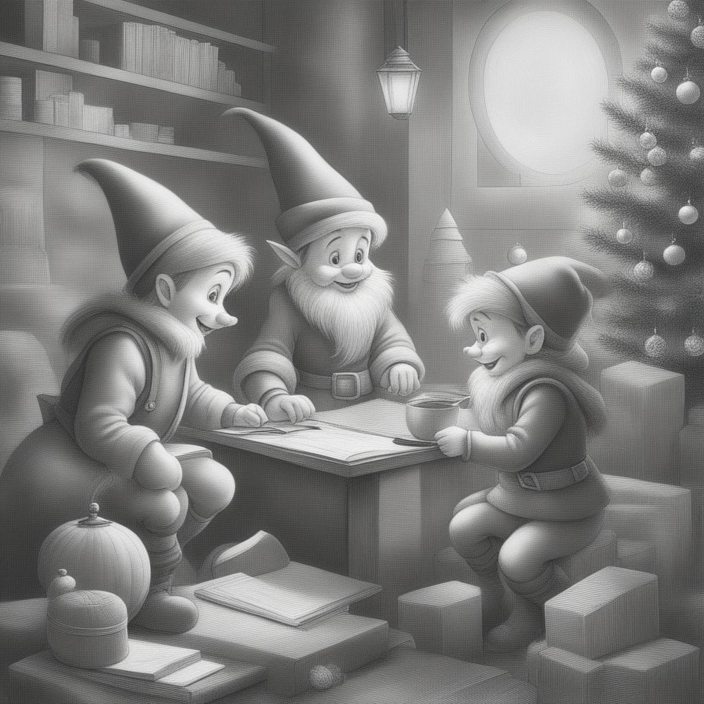 A charming black and white graphite pencil drawing in the style of Disney cartoons, featuring a group of Christmas elves busy with holiday preparations