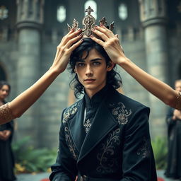 A handsome young elf man in the midst of a coronation, kneeling in a lush forest castle with beautiful walls