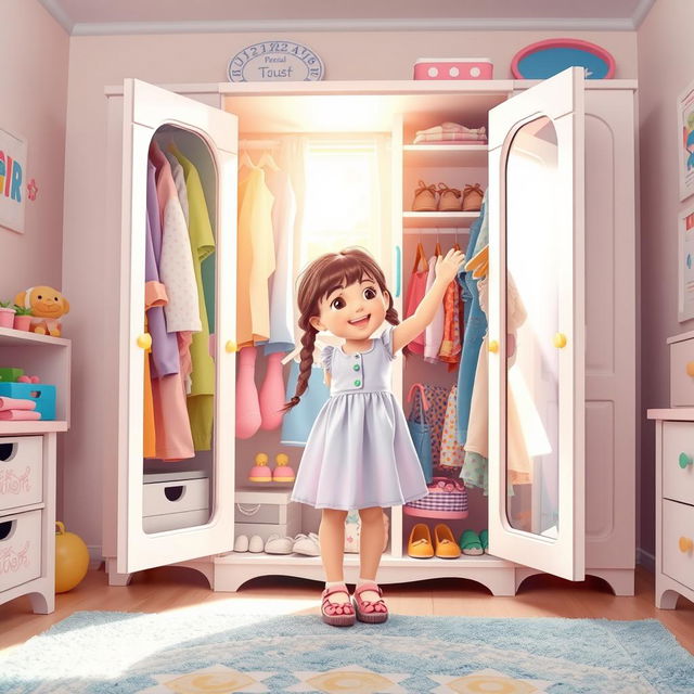 A charming scene of a young girl reaching into an open wardrobe to select her clothes