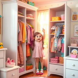 A charming scene of a young girl reaching into an open wardrobe to select her clothes