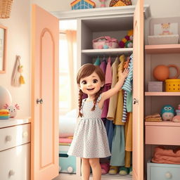 A charming scene of a young girl reaching into an open wardrobe to select her clothes