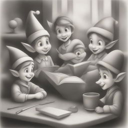 A charming black and white graphite pencil drawing in the style of Disney cartoons, featuring a group of Christmas elves busy with holiday preparations