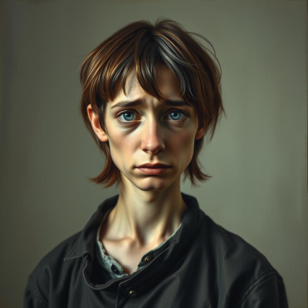 A portrait of a sad-looking painter with medium-length, brown hair featuring a gray strand