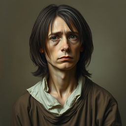 A portrait of a sad-looking painter with medium-length, brown hair featuring a gray strand