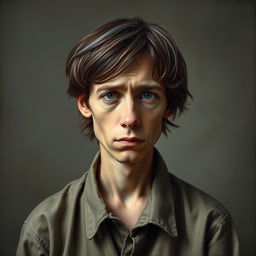 A portrait of a sad-looking painter with medium-length, brown hair featuring a gray strand