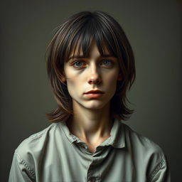 A portrait of a sad-looking painter with medium-length, brown hair featuring a gray strand