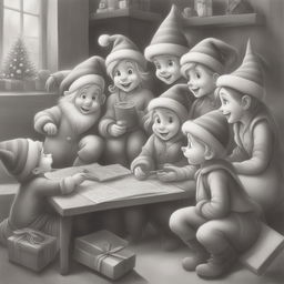 A charming black and white graphite pencil drawing in the style of Disney cartoons, featuring a group of Christmas elves busy with holiday preparations