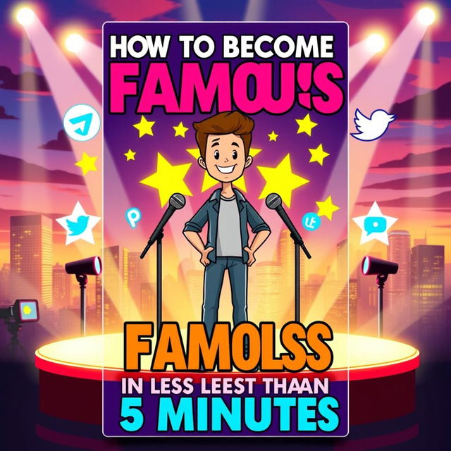A stylized book cover titled 'How to Become Famous in Less Than 5 Minutes', featuring an illustration of a confident young adult standing on a brightly lit stage, microphones, and cameras flashing around