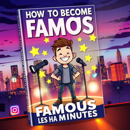 A stylized book cover titled 'How to Become Famous in Less Than 5 Minutes', featuring an illustration of a confident young adult standing on a brightly lit stage, microphones, and cameras flashing around