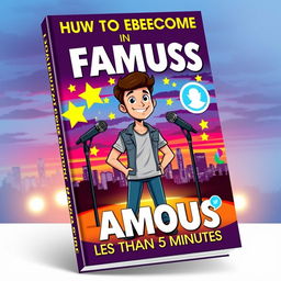 A stylized book cover titled 'How to Become Famous in Less Than 5 Minutes', featuring an illustration of a confident young adult standing on a brightly lit stage, microphones, and cameras flashing around
