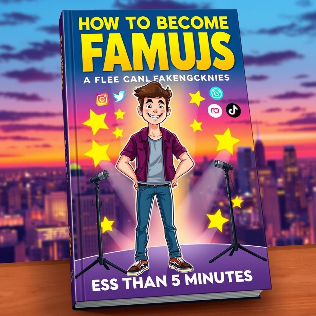 A stylized book cover titled 'How to Become Famous in Less Than 5 Minutes', featuring an illustration of a confident young adult standing on a brightly lit stage, microphones, and cameras flashing around