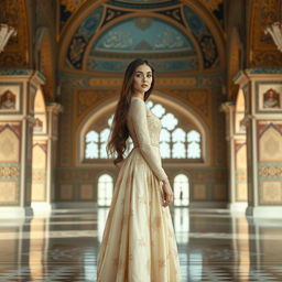 A beautiful Iranian girl standing in a modern palace with Safavid architecture, wearing an exquisite dress inspired by the Safavid era but styled in a contemporary fashion