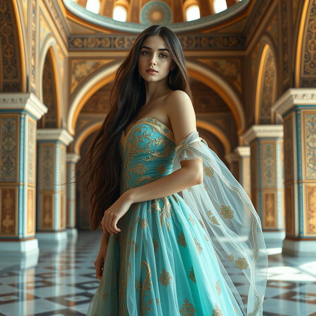 A beautiful Iranian girl standing in a modern palace with Safavid architecture, wearing an exquisite dress inspired by the Safavid era but styled in a contemporary fashion