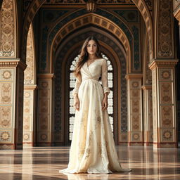 A beautiful Iranian girl standing in a modern palace with Safavid architecture, wearing an exquisite dress inspired by the Safavid era but styled in a contemporary fashion