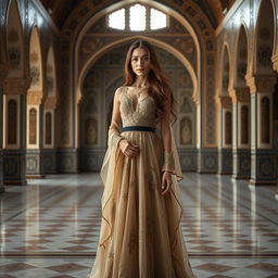 A beautiful Iranian girl standing in a modern palace with Safavid architecture, wearing an exquisite dress inspired by the Safavid era but styled in a contemporary fashion