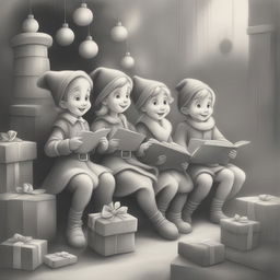 A charming black and white graphite pencil drawing in the style of Disney cartoons, featuring a group of Christmas elves busy with holiday preparations