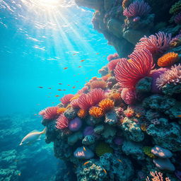 A stunning underwater coral reef teeming with vibrant marine life