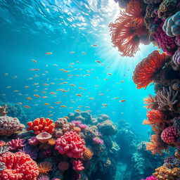 A stunning underwater coral reef teeming with vibrant marine life