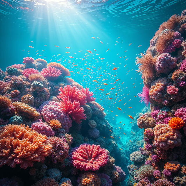 A stunning underwater coral reef teeming with vibrant marine life