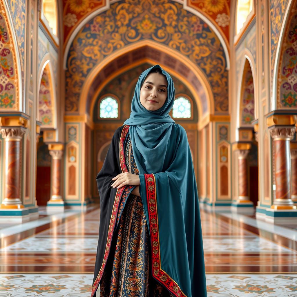 An Iranian girl dressed in traditional Safavid-era clothing, wearing a hijab, but exhibiting a modern pose