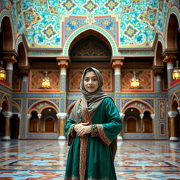 An Iranian girl dressed in traditional Safavid-era clothing, wearing a hijab, but exhibiting a modern pose