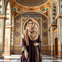 An Iranian girl dressed in traditional Safavid-era clothing, wearing a hijab, but exhibiting a modern pose