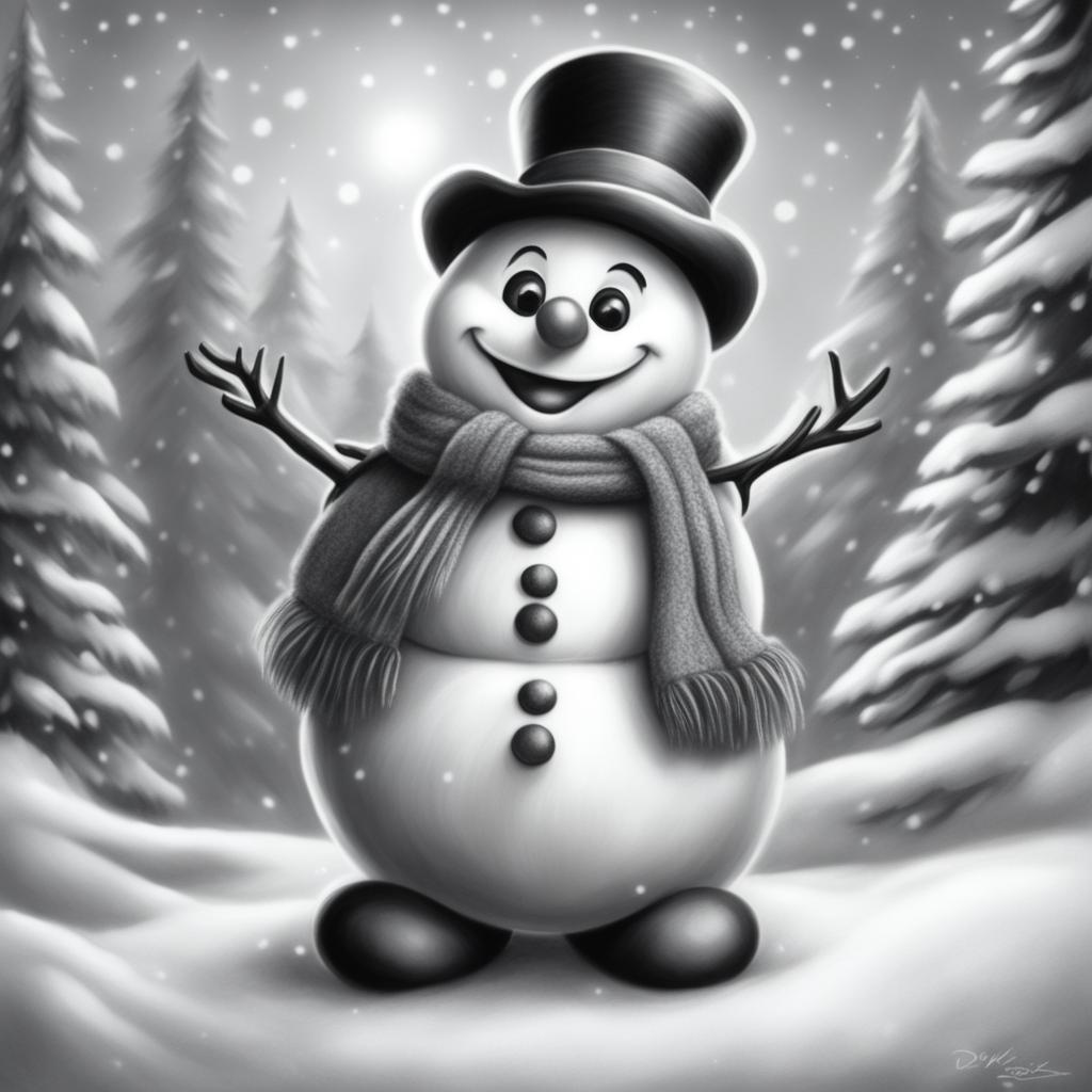 A charming black and white graphite pencil drawing in the style of Disney cartoons, featuring a Christmas snowman