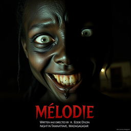 A horror movie poster titled 'Mélodie', featuring a large close-up angle of a dead young Malagasy girl's face, with black skin beginning to show signs of rot
