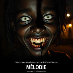 A horror movie poster titled 'Mélodie', featuring a large close-up angle of a dead young Malagasy girl's face, with black skin beginning to show signs of rot