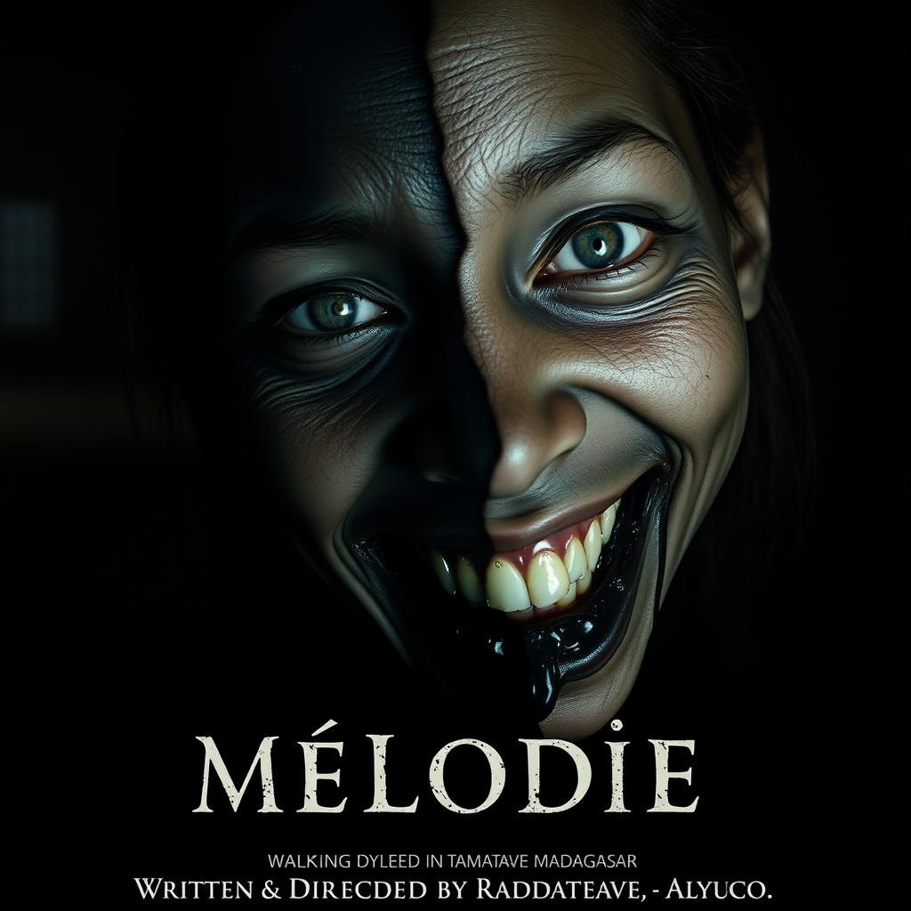 A horror movie poster titled 'Mélodie', featuring a large close-up angle of a dead young Malagasy girl's face, with black skin beginning to show signs of rot