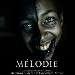 A horror movie poster titled 'Mélodie', featuring a large close-up angle of a dead young Malagasy girl's face, with black skin beginning to show signs of rot