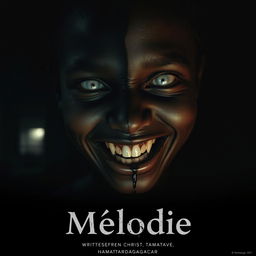 A horror movie poster titled 'Mélodie', featuring a large close-up angle of a dead young Malagasy girl's face, with black skin beginning to show signs of rot