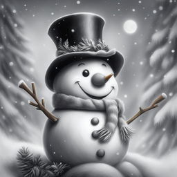 A charming black and white graphite pencil drawing in the style of Disney cartoons, featuring a Christmas snowman