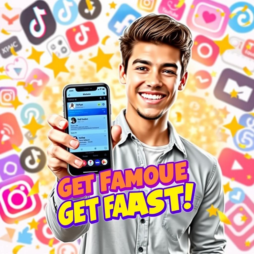 A vibrant and eye-catching thumbnail design illustrating the concept of 'How to Become Famous in Less Than 5 Minutes'