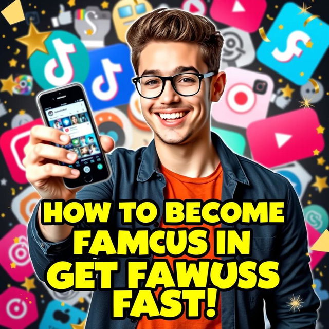 A vibrant and eye-catching thumbnail design illustrating the concept of 'How to Become Famous in Less Than 5 Minutes'