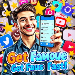 A vibrant and eye-catching thumbnail design illustrating the concept of 'How to Become Famous in Less Than 5 Minutes'